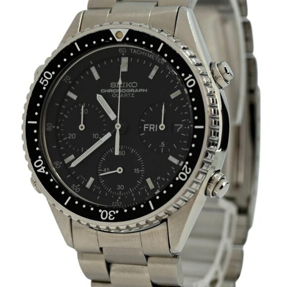 Seiko 37mm Men's Black Dial Chronograph Day-Date Quartz Diver Watch - Picture 1 of 8